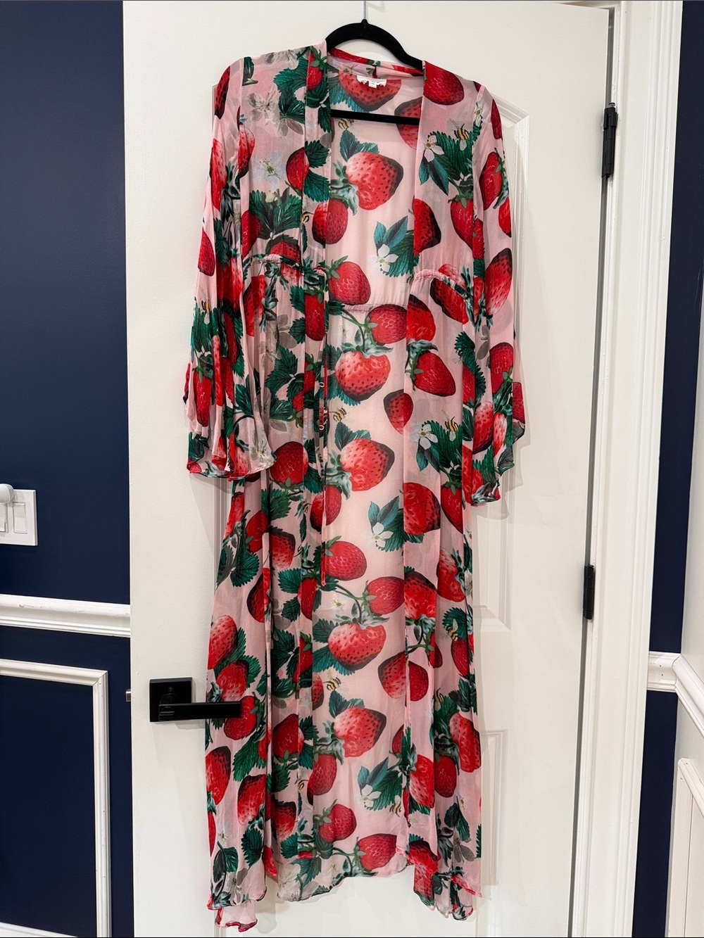 Sheer Strawberry-Print Long Kimono Tunic - Pink/Red - Picture 4 of 16
